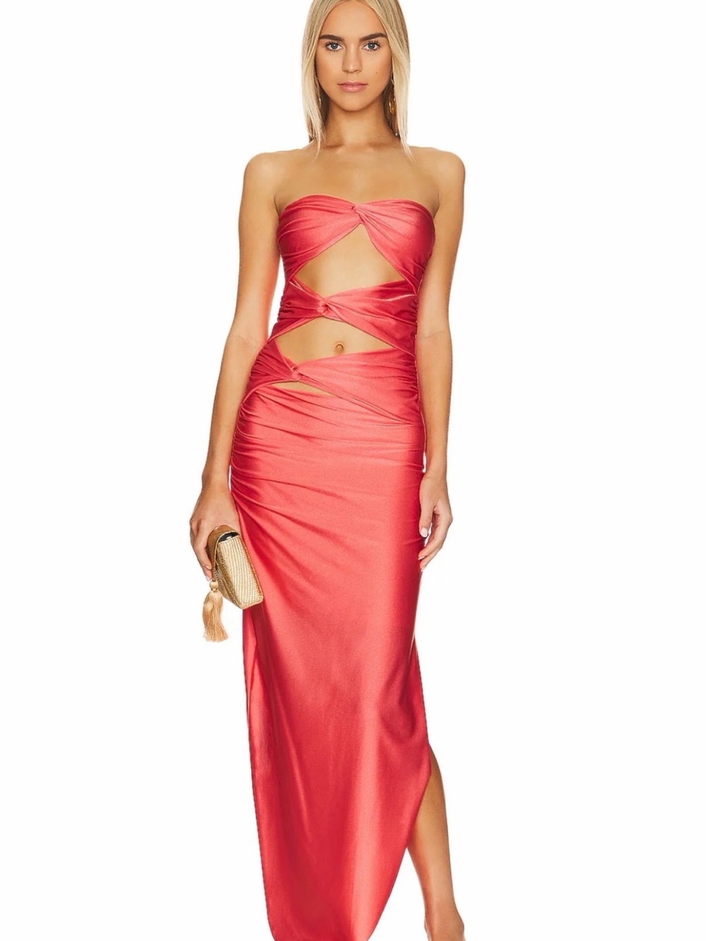 Baobab Collection Strapless Red Satin Cutout Maxi Dress